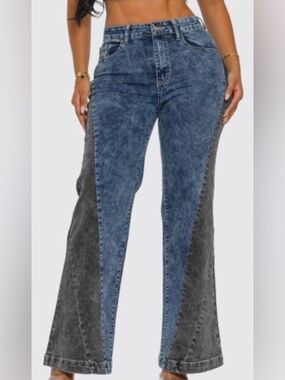 LA Girl Two-Tone Slight Flared Jeans - Blue/Charcoal
